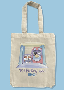 "Nice Parking Spot Rita!" Tote Bag | Storage Bag | Shoulder Bag | Travel Bag | Toiletry Bag | Cotton Canvas | School Supplies | Shoulder Bag |